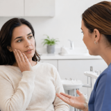 Patient discussing severe tooth pain with a dentist in North York.